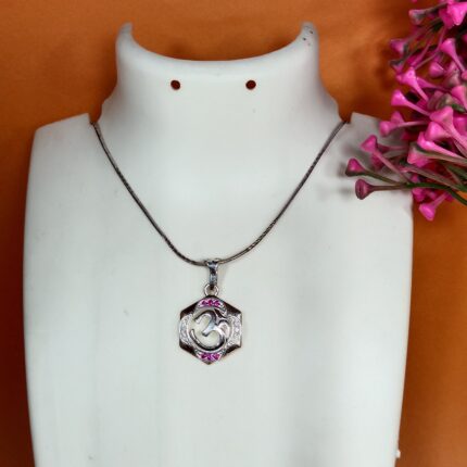 Pure Silver Om Pendant – Hexagon Frame with Ruby Pink CZ Stones
