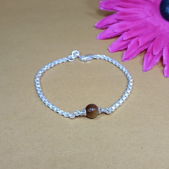 Elegant Pure Silver Bracelet with Tiger Eye Bead