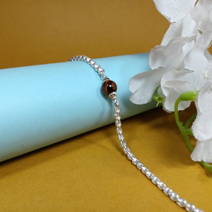 Elegant Pure Silver Bracelet with Tiger Eye Bead