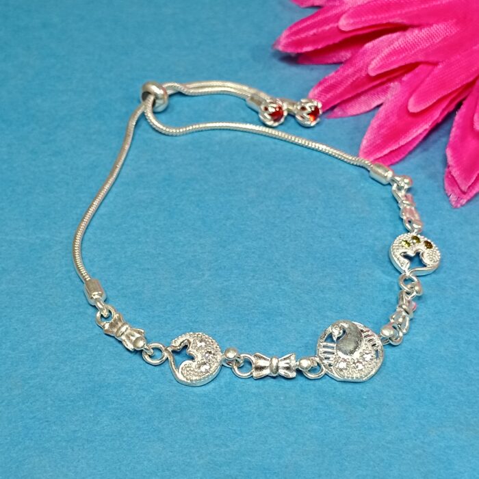 Pure Silver Adjustable Bracelet – Graceful Heart & Bow Charm Design for Women
