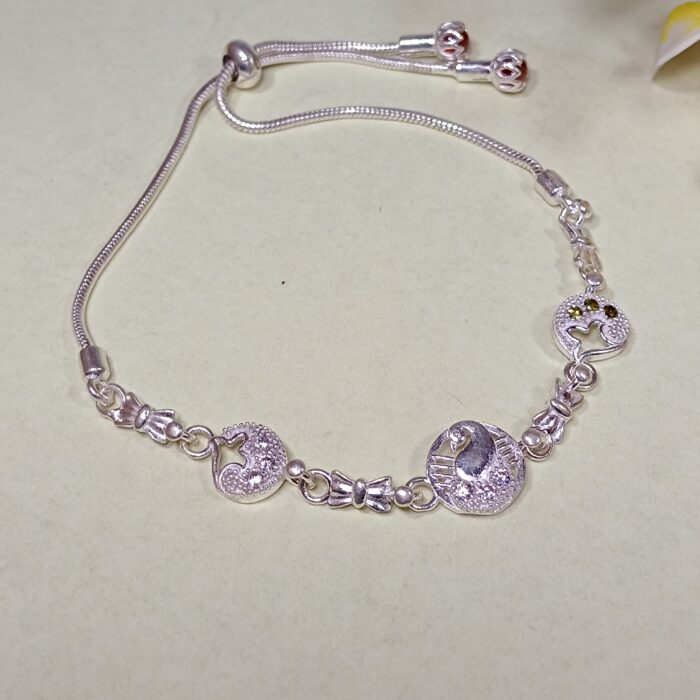 Pure Silver Adjustable Bracelet – Graceful Heart & Bow Charm Design for Women