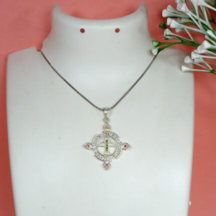 Pure Silver Spiritual Yantra Pendant – Sacred Protection Design with Orange CZ Accents (Without Chain)