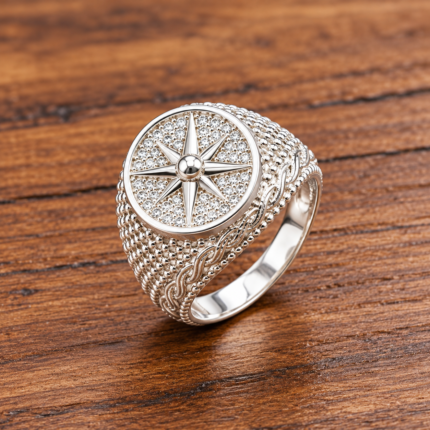 Pure Silver Compass Star Ring – Intricate Textured Design