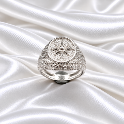 Pure Silver Compass Star Ring – Intricate Textured Design