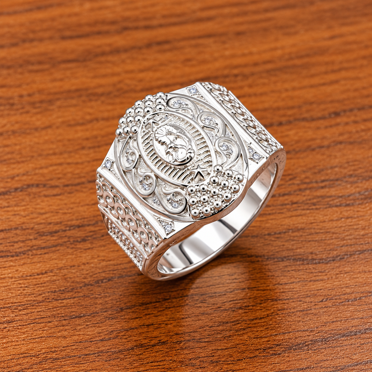 Ornate Silver Filigree Ring on Wood Pure Silver Heritage Ring – Bold Engraved Design