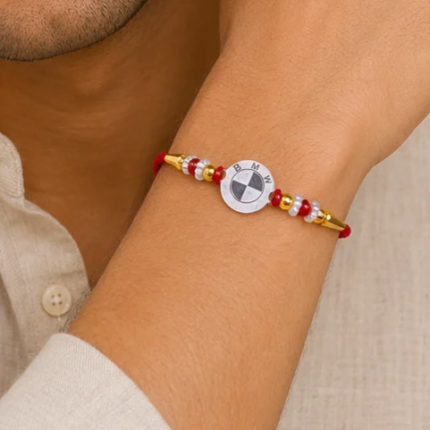 925 Silver BMW Logo Rakhi with Pearl & Bead Accents