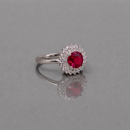 Ruby Red Halo Blossom 925 Silver Ring