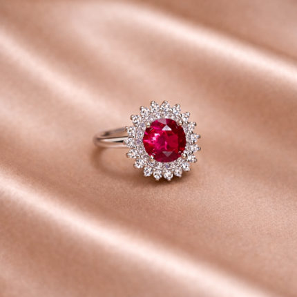 Ruby Red Halo Blossom 925 Silver Ring