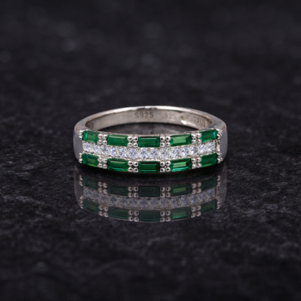 Emerald Green Baguette Row 925 Silver Ring
