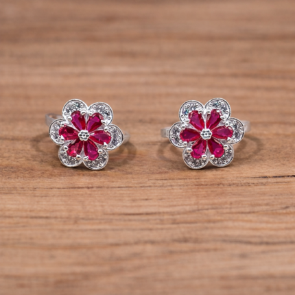 Pink Floral Pure Silver Toe Ring
