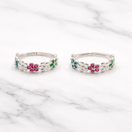 Pure Silver Colorful Floral Toe Rings