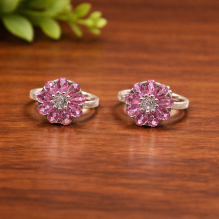 Pure Silver Floral Toe Rings with Pink Stones