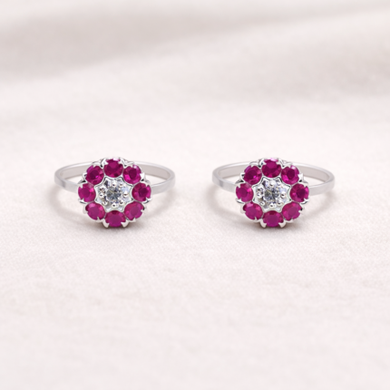 Pure Silver Floral Toe Rings with Ruby Red Stones