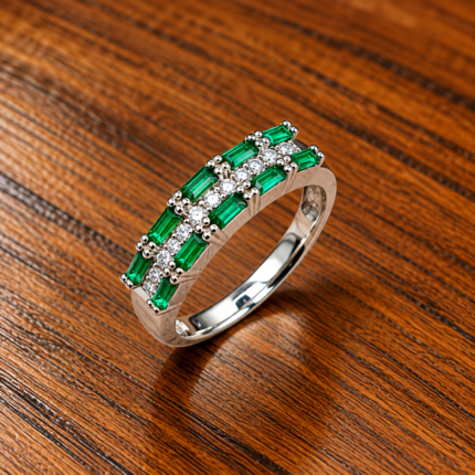 Emerald Green Baguette Row 925 Silver Ring