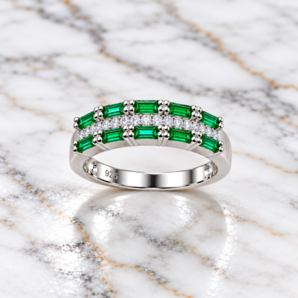 Emerald Green Baguette Row 925 Silver Ring