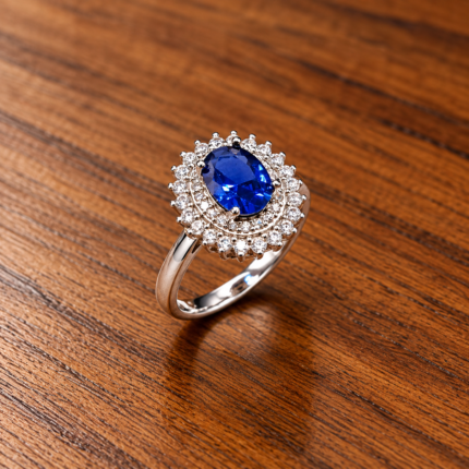 Royal Blue Oval Halo 925 Silver Ring
