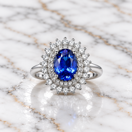 Royal Blue Oval Halo 925 Silver Ring