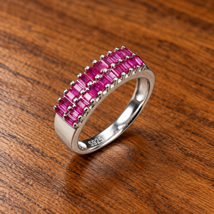 Emerald Pink Baguette Row 925 Silver Ring