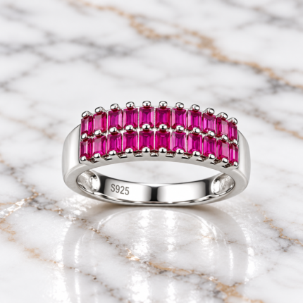 Emerald Pink Baguette Row 925 Silver Ring