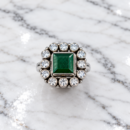 925 Silver Square Green Stone Ring