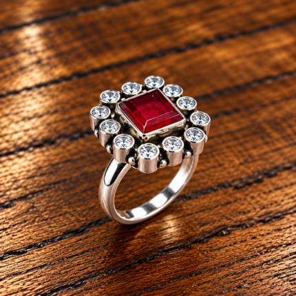 925 Sterling Silver Cut Red Square Stone Halo Ring