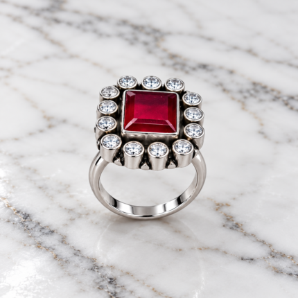 925 Sterling Silver Cut Red Square Stone Halo Ring