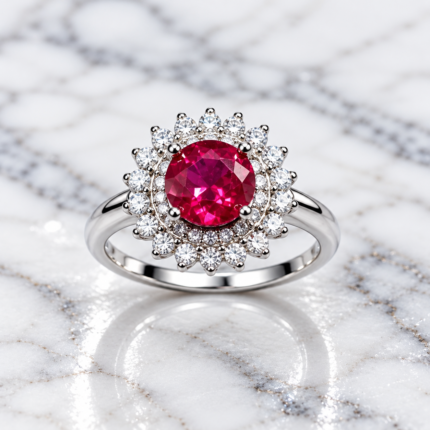 Ruby Red Halo Blossom 925 Silver Ring