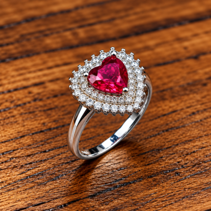 Heart-Shaped Ruby Halo 925 Silver Ring