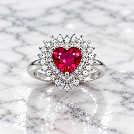 Heart-Shaped Ruby Halo 925 Silver Ring