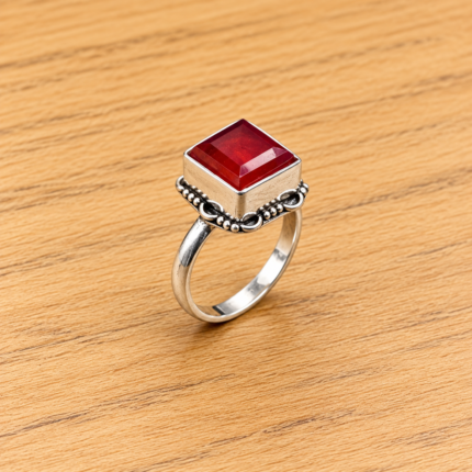 925 Silver Square Red Stone Women’s Ring