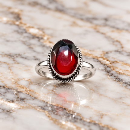 925 Sterling Silver Red Cut Stone Oval Ring