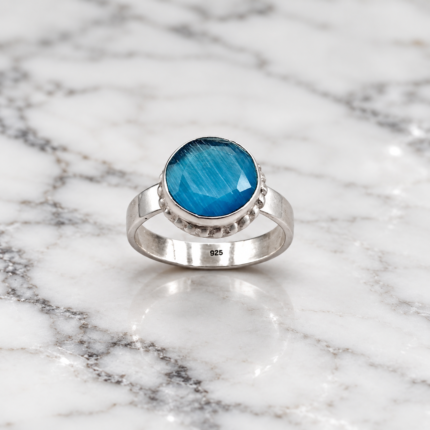 925 Sterling Silver Blue Onyx Round Ring