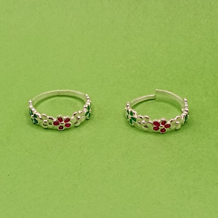 Pure Silver Colorful Floral Toe Rings
