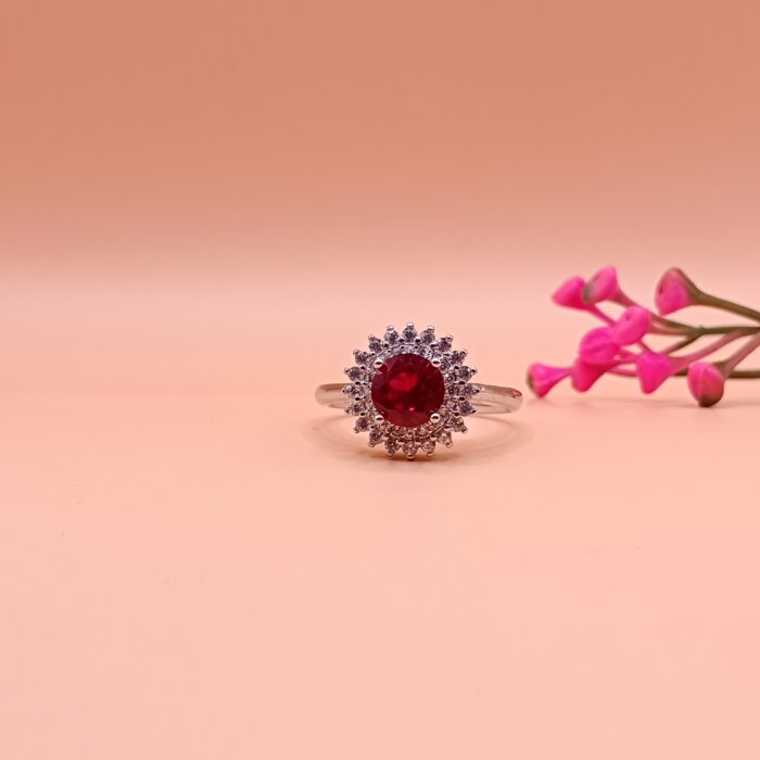Ruby Red Halo Blossom 925 Silver Ring