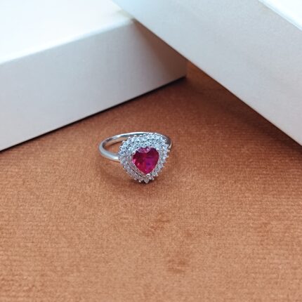 Heart-Shaped Ruby Halo 925 Silver Ring