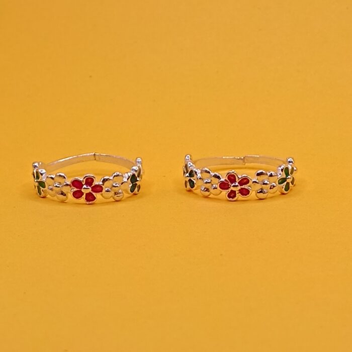 Pure Silver Colorful Floral Toe Rings