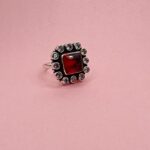 925 Sterling Silver Cut Red Square Stone Halo Ring