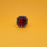 925 Sterling Silver Cut Red Square Stone Halo Ring