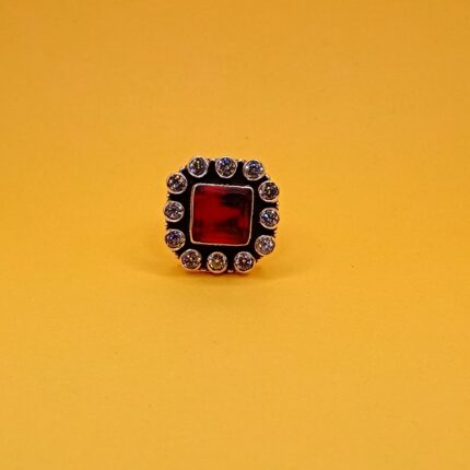 925 Sterling Silver Cut Red Square Stone Halo Ring