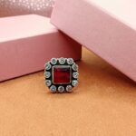 925 Sterling Silver Cut Red Square Stone Halo Ring