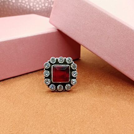 925 Sterling Silver Cut Red Square Stone Halo Ring