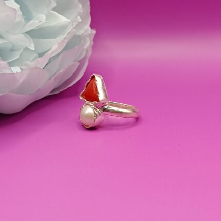 925 Silver Red Coral & Pearl Ring