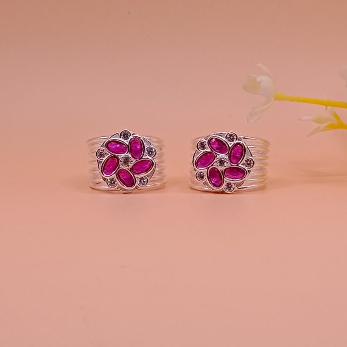 Floral Ruby Pure Silver Toe Ring