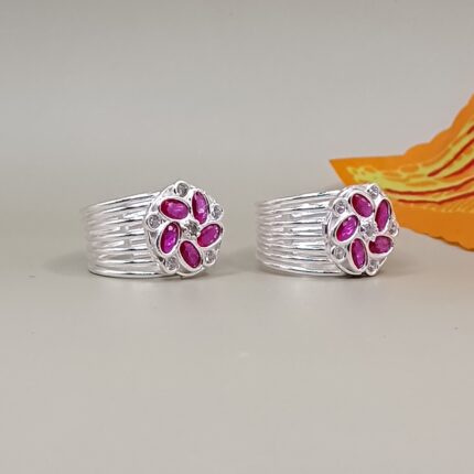 Floral Ruby Pure Silver Toe Ring