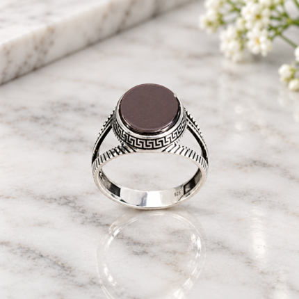 925 Silver Black Onyx Greek Pattern Ring