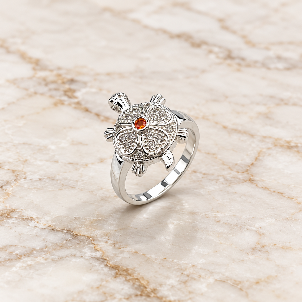 Pavé Turtle Ring with Red Gemstone Elegant Silver Turtle Ring