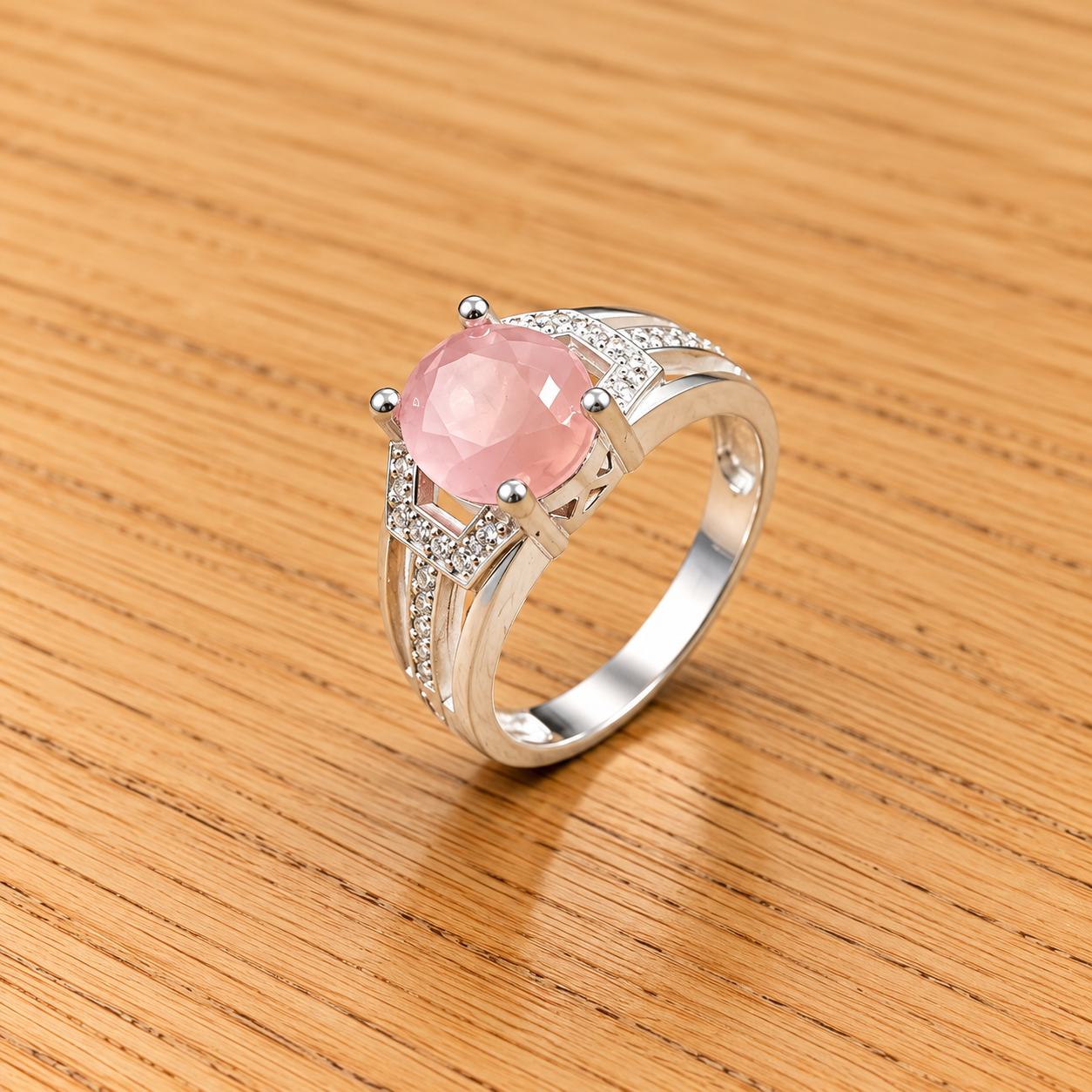 Rose Gemstone Diamond Ring on Wood Pure Silver Roselune Ring