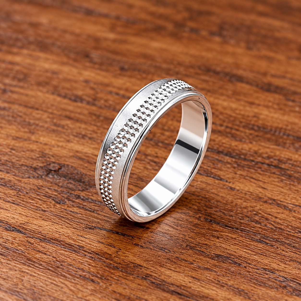 Textured Silver Ring on Warm Wood (2) WaveLine Pure Silver Ring