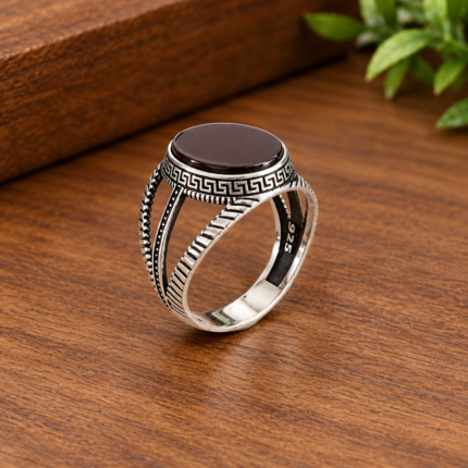 925 Silver Black Onyx Greek Pattern Ring