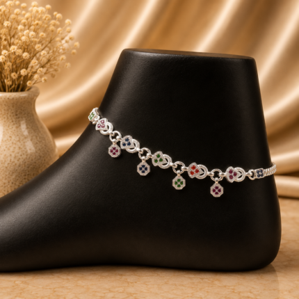 Fine Silver Payal with Multicolor Stone Floral Design
